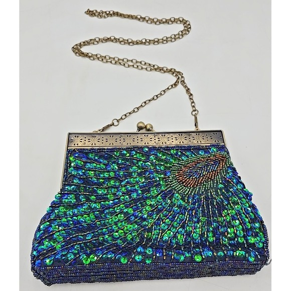 MG Collection - Pearl Beaded Sequin Peacock‎ Flapper Retro Clutch Bag Purse - Picture 1 of 12